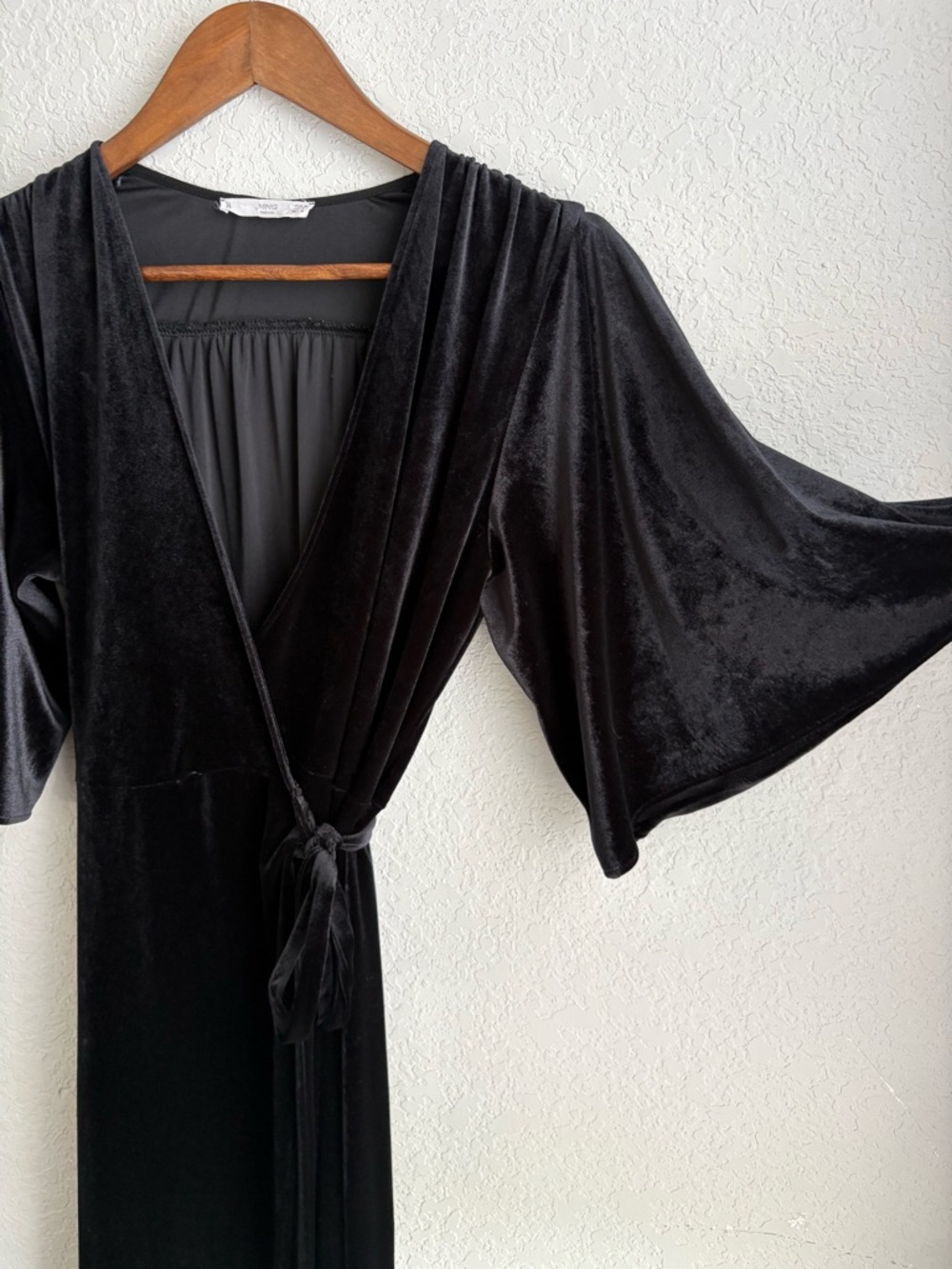 Mango Black Velvet Wrap Dress Flutter Sleeve Midi Cocktail Evening S